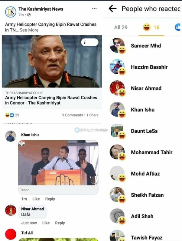 Facebook post about Bipin Rawat's death, on which Muslims are mocking his death