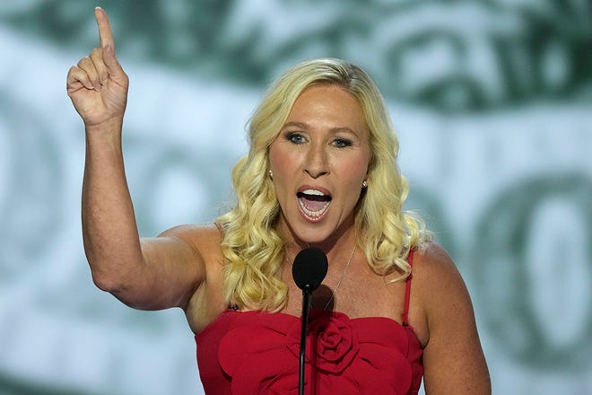 Rep. Marjorie Taylor Greene, R-Ga. speaks during the first day of the Republican National Convention. The RNC kicked off the first day of the convention with the roll call vote of the states.