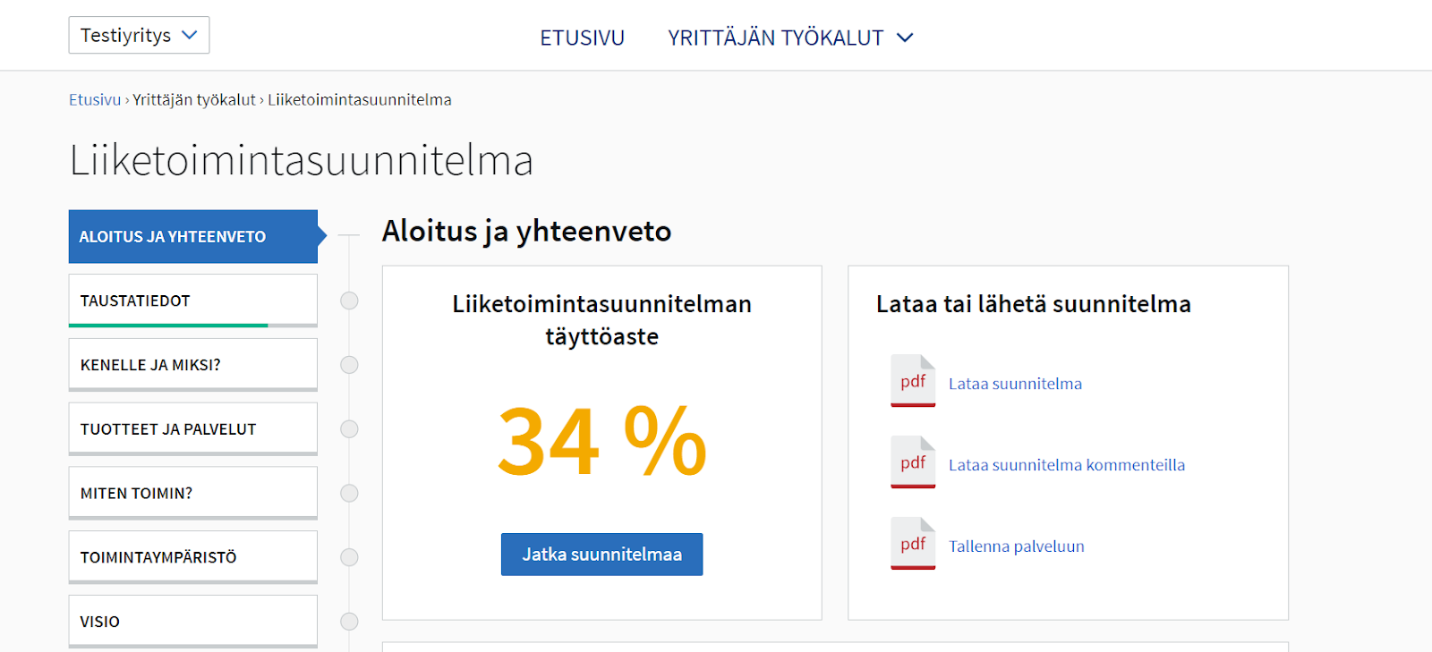 liiketoimintasuunnitelma kuvakaappaus