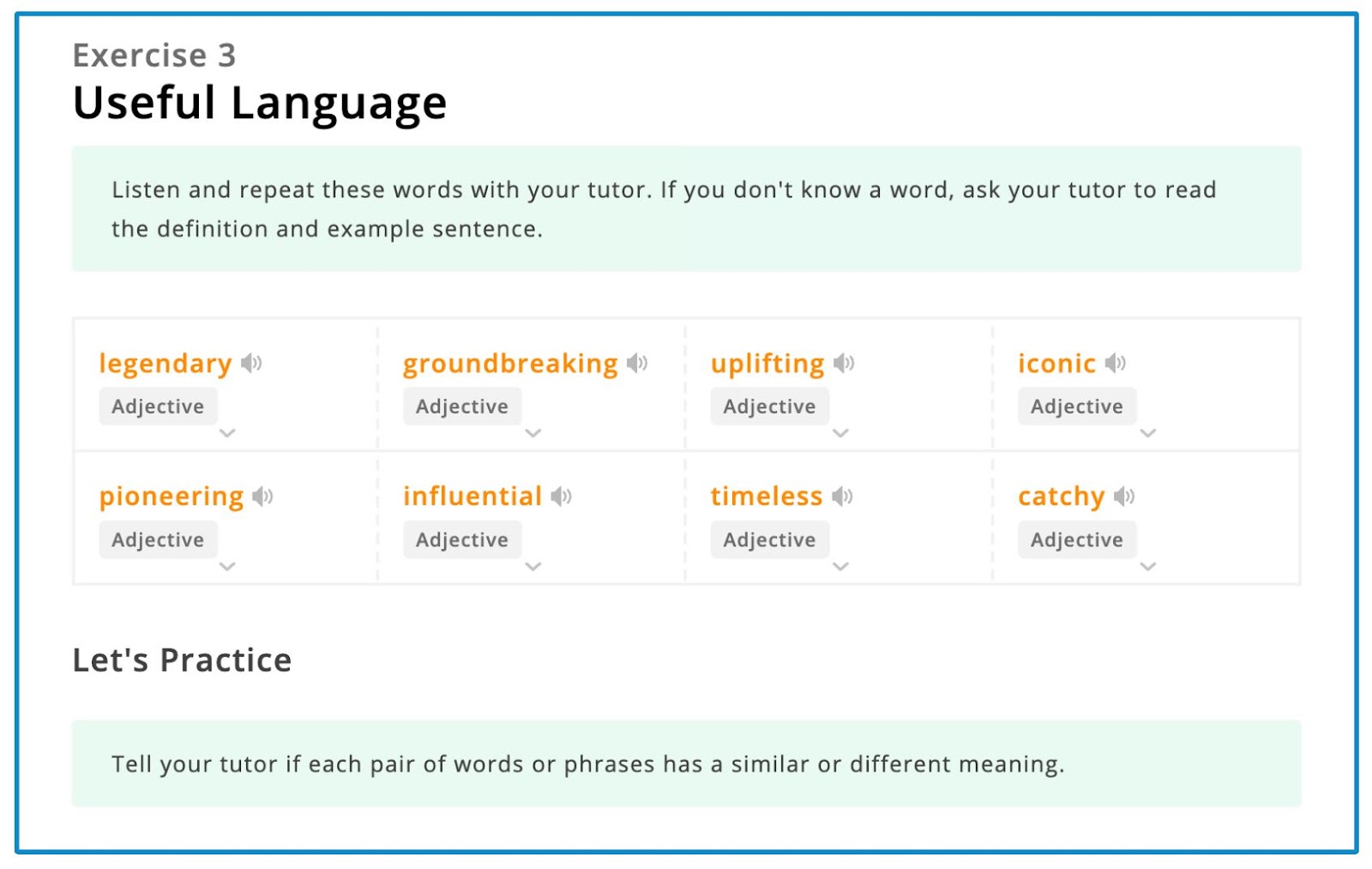 Examples of featured vocabulary in a Conversation lesson