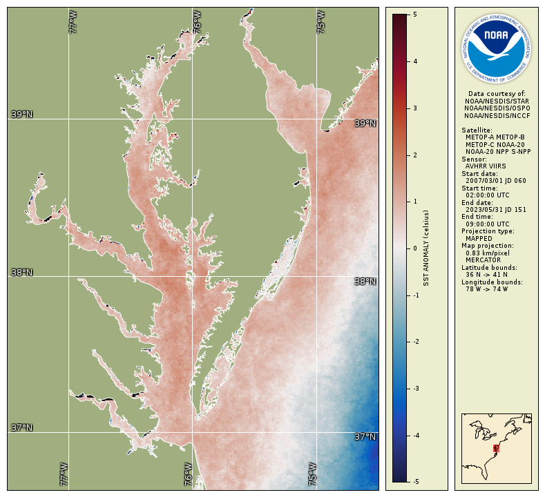 Map derived from satellite data shows the Chesapeake Bay had warmer-than-average water temperatures in spring 2024