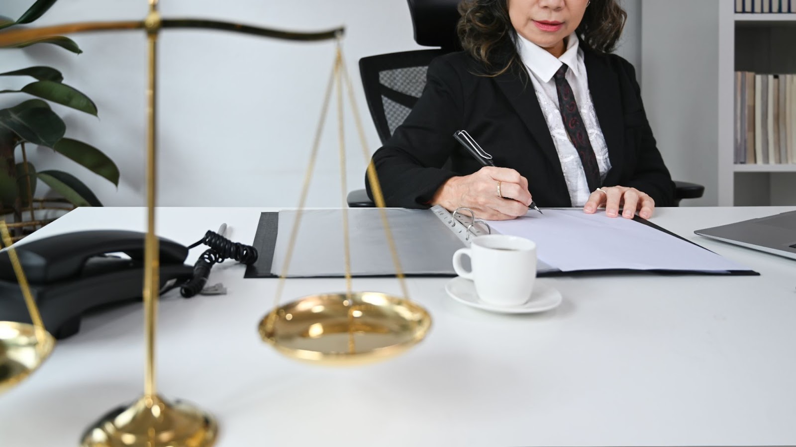 A cropped shot of a middle-aged female lawyer working in her office, signing documents. On her desk are the scales of justice, a cup of coffee, a telephone, and a laptop. Behind her are plants and a bookshelf filled with books.