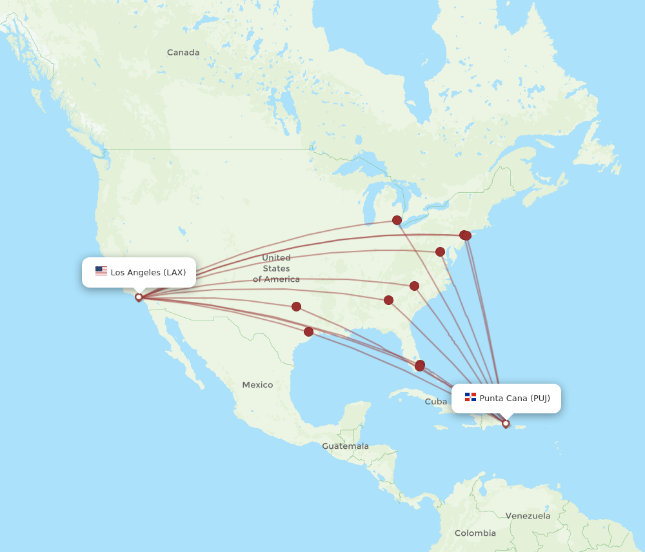 All flight routes from Los Angeles to Punta Cana, LAX to PUJ - Flight Routes