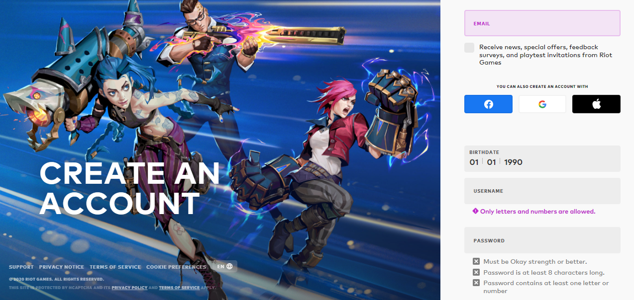 Screenshot of the Riot Games new account creation window with a blue background featuring League of Legends characters like Jinx and Vi