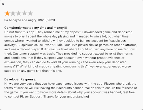 A 1-star Apple App Store review from a Blockolot user who feels they were robbed of their money when their account was banned. A developer response asks them to contact support for more info. 