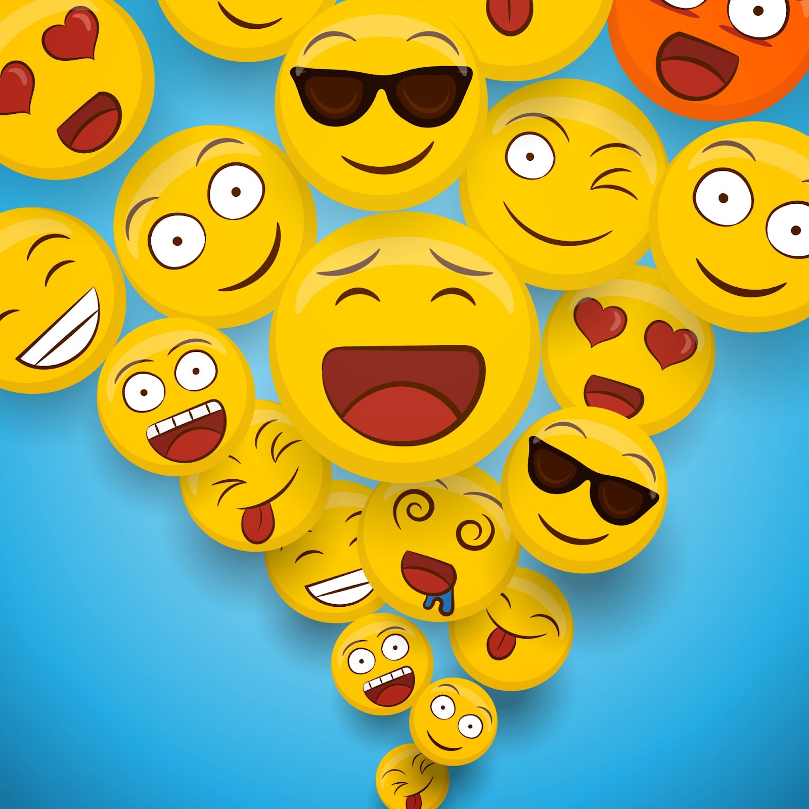 A cluster of yellow emoji faces, each displaying different expressions like smiles, winks, sunglasses, heart eyes, and silly faces, arranged in a funnel shape on a blue background—perfect for a round of Guess the Emoji board game.