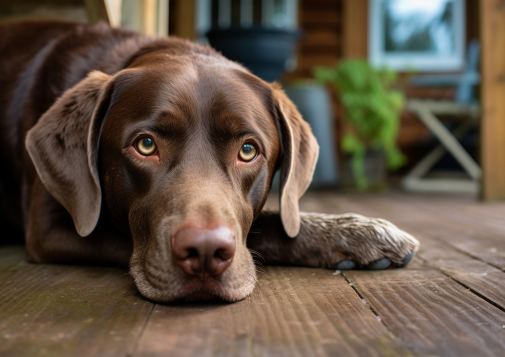 A brown dog resting peacefully on a wooden deck due to canine distemper.