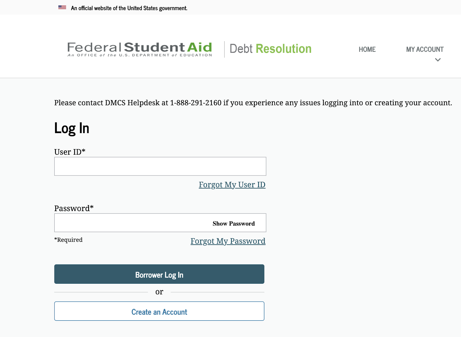A screenshot showing the login for the studentaid.gov debt resolution page