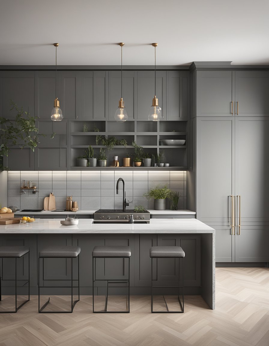 Gray cabinets line the walls, complemented by a sleek subway tile backsplash. Light filters in, creating a modern and inviting kitchen space