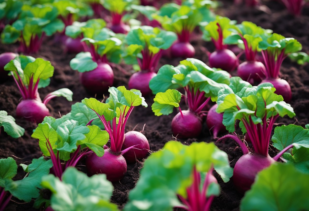 Beetroot plants in a field, with vibrant red roots and green leaves. A traditional dyeing process in a workshop, using beetroot to color fabric