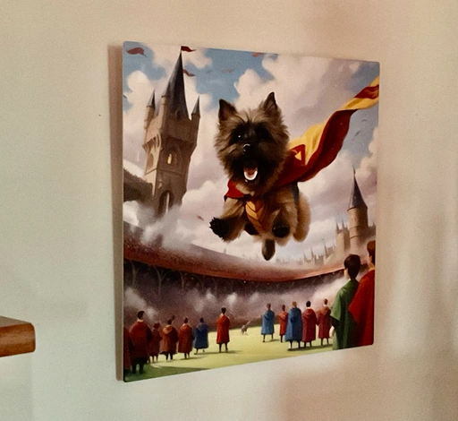 Custom pet metal print of a dog flying through the air in a Quidditch game