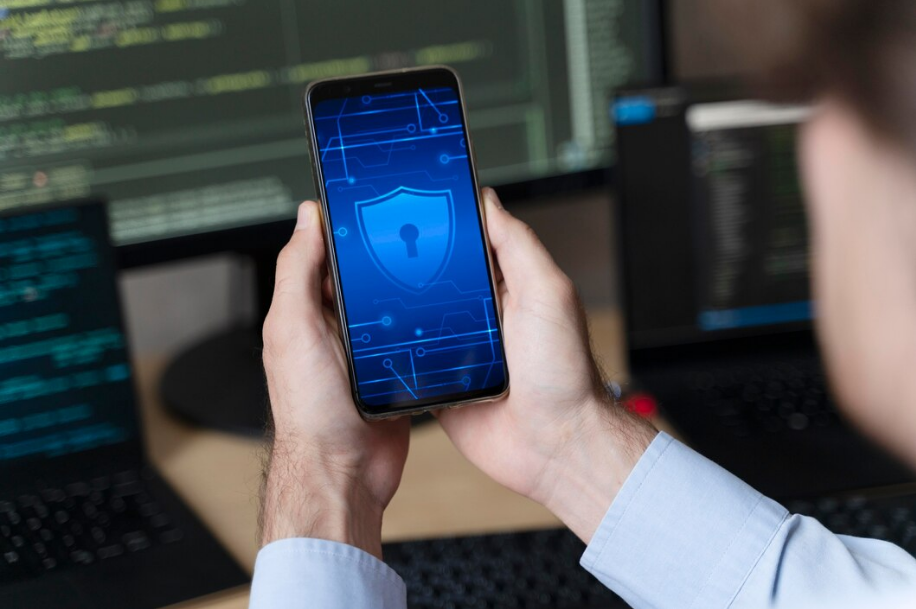 A man holding a smartphone displaying a blue digital security shield, symbolizing mobile security, with a computer screen showing coding in the background