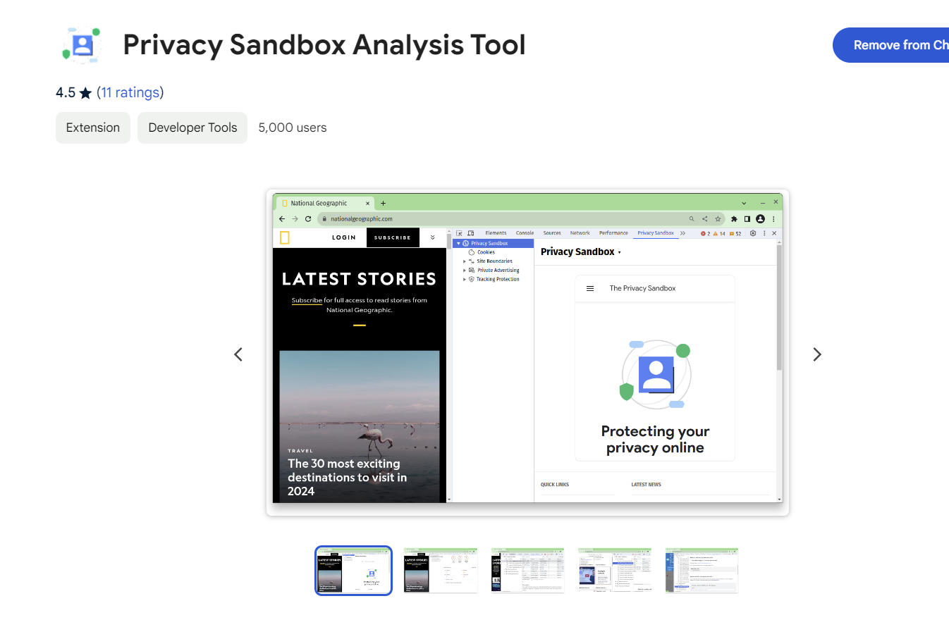 A screenshot of the Privacy Sandbox Analysis Tool extension for Google Chrome.