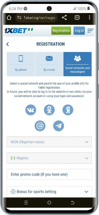 Social Network sign up on 1xBet