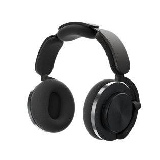 A black headphones on a black backgroundDescription automatically generated