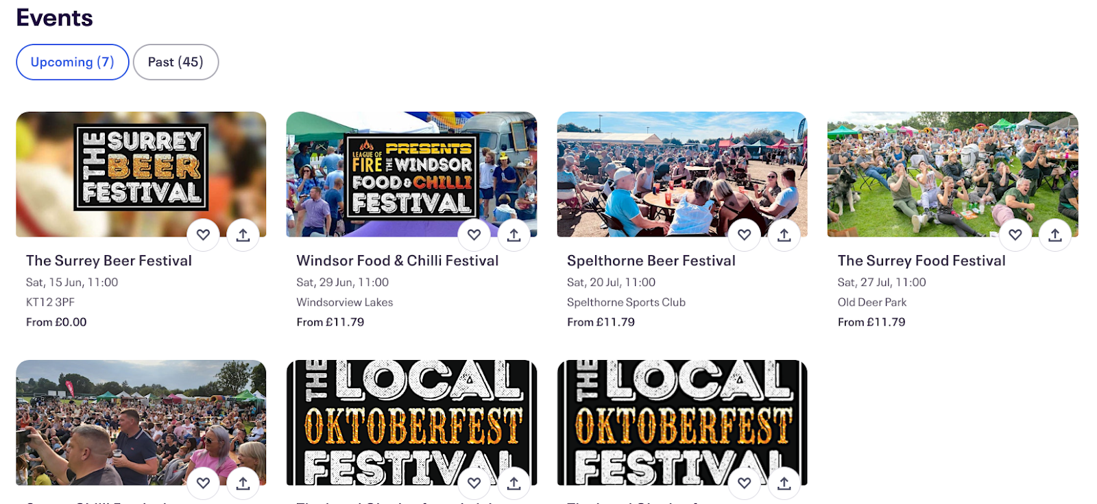 Screenshot of upcoming events on an Eventbrite page
