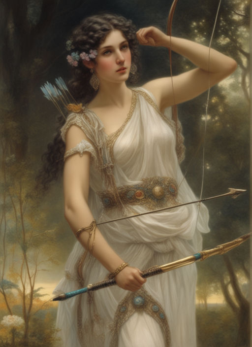 The illustration depicts a beautiful woman wearing a white dress and brandishing a bow and arrow while carrying a set of arrows on her back. 