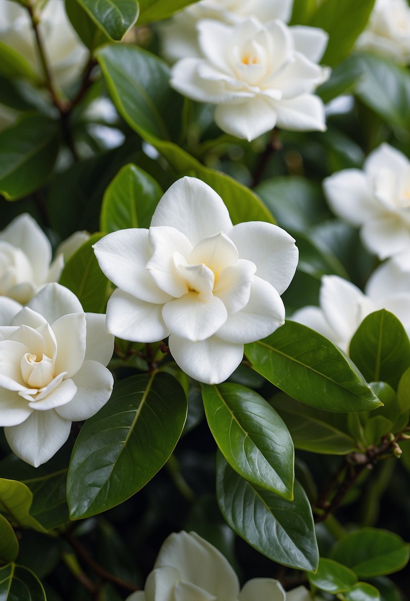 A cluster of 31 white gardenia flowers in full bloom, surrounded by lush green leaves and delicate stems