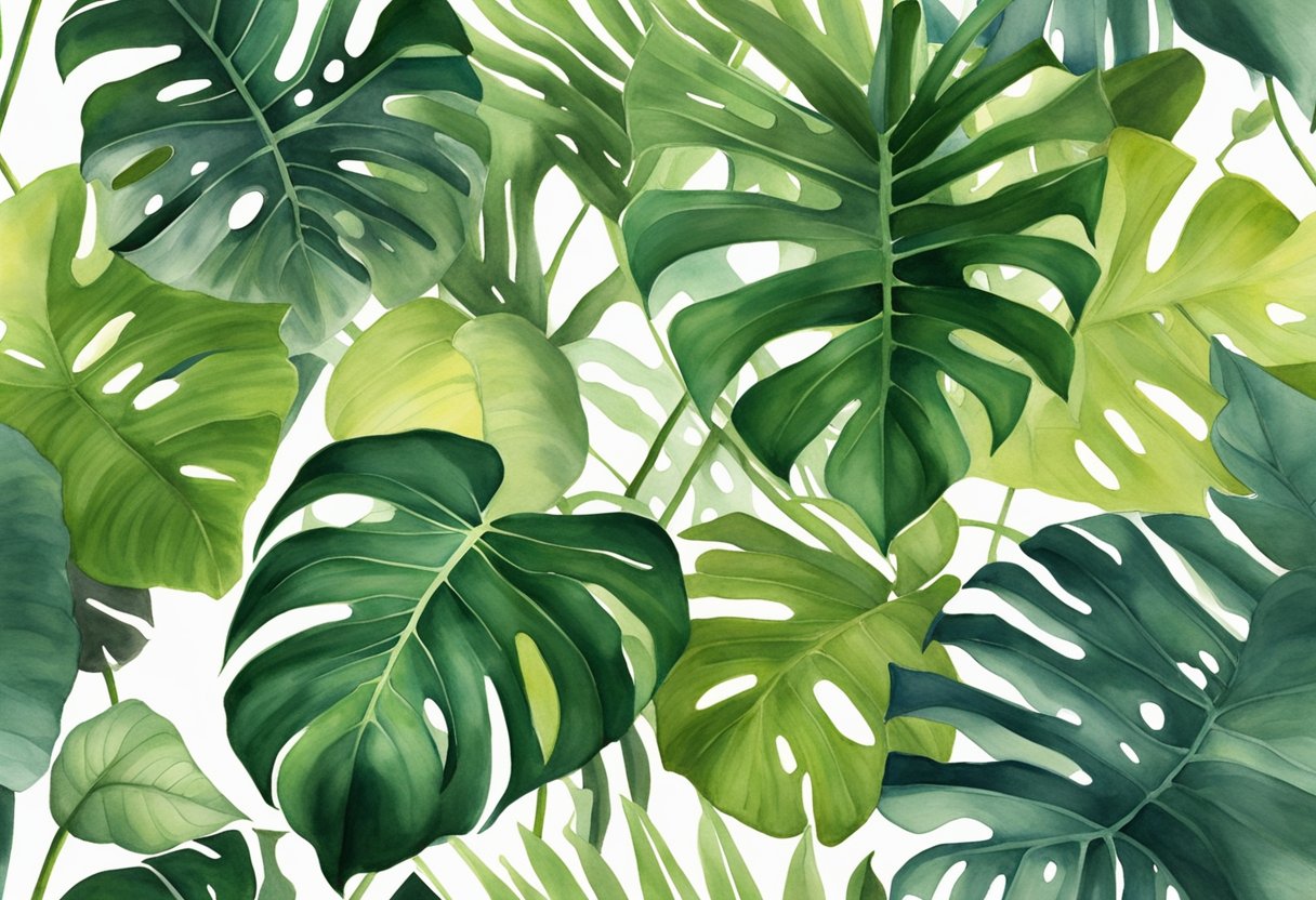 Lush philodendron varieties bask in varying light intensities. Illustrate a range of settings from bright, indirect sunlight to low light conditions