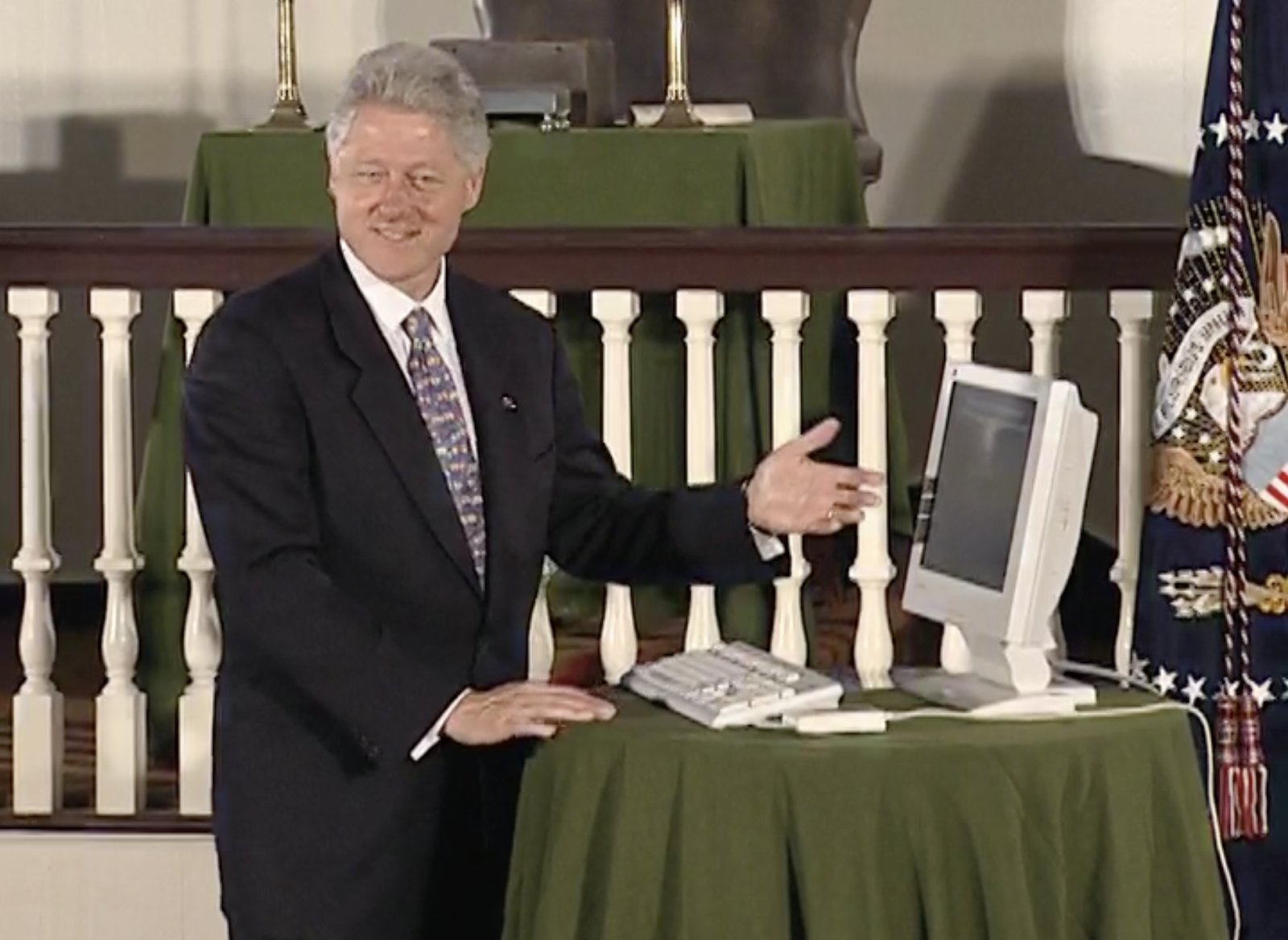 Still image from Video Recording of the Electronic Signatures in Global and National Commerce Act showing President Clinton with a desktop computer.