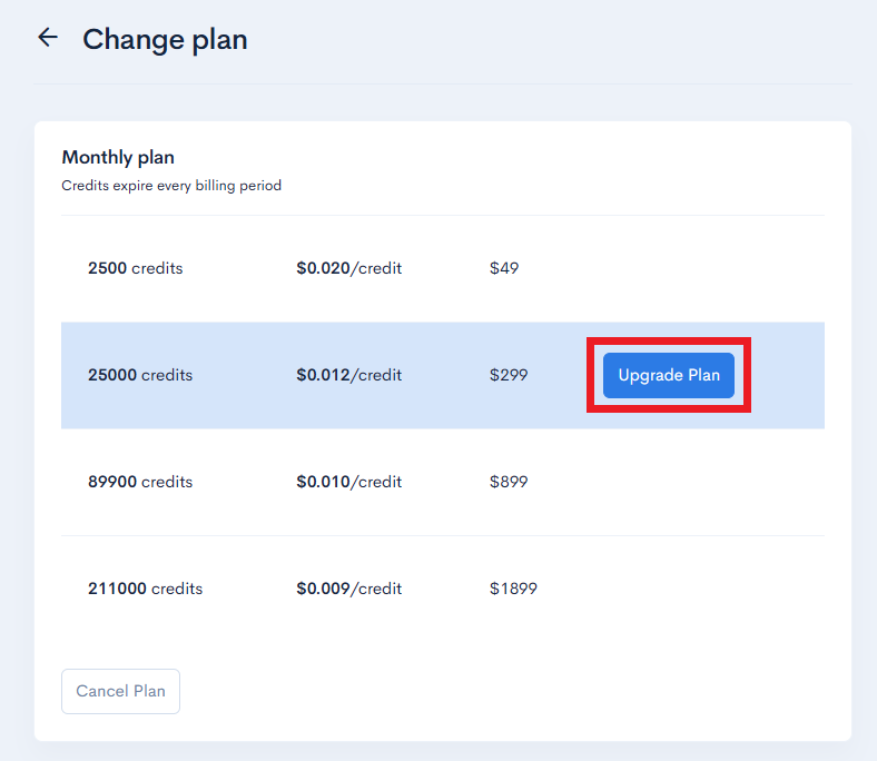 Upgrade plan on Proxycurl dashboard