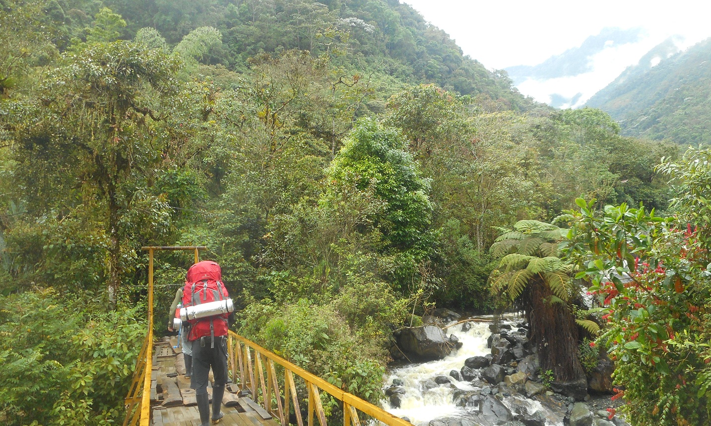 A person walking across a bridge over the Rio Pance river.