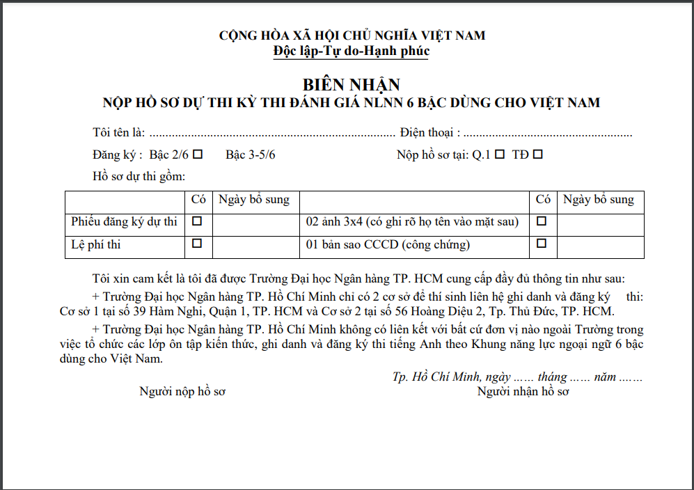 Biên nhận hồ sơ nộp hồ sơ dự thi VSTEP tại HUB