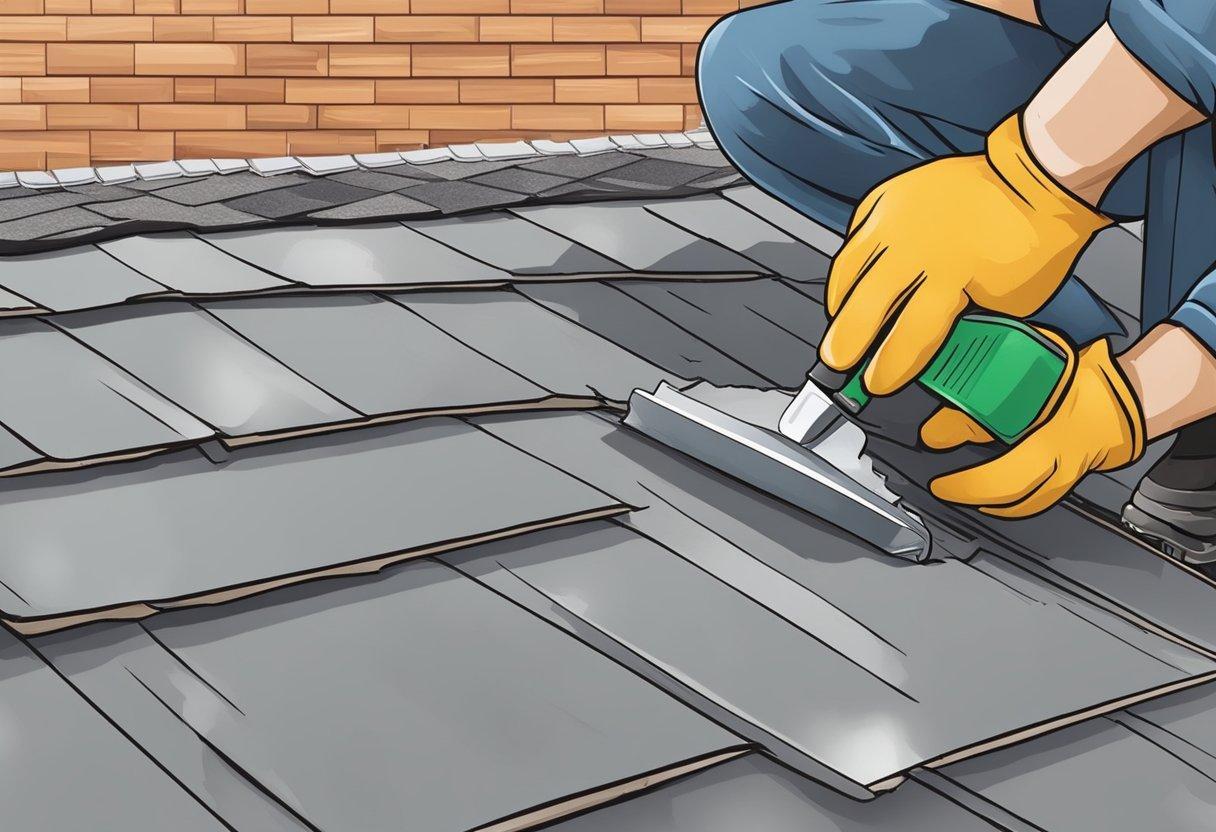 A roofer applies sealant to a damaged area, using a trowel to smooth it out. Nearby, shingles and roofing materials are neatly organized for the repair