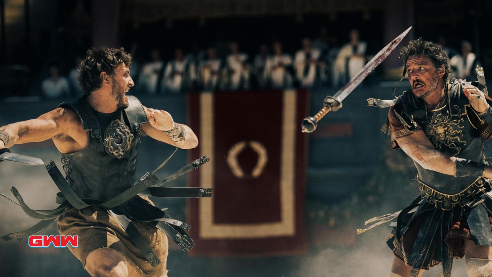 Pedro Pascal as Marcus Acacius and Paul Mescal as Lucius, engaged in a fight in Gladiator 2