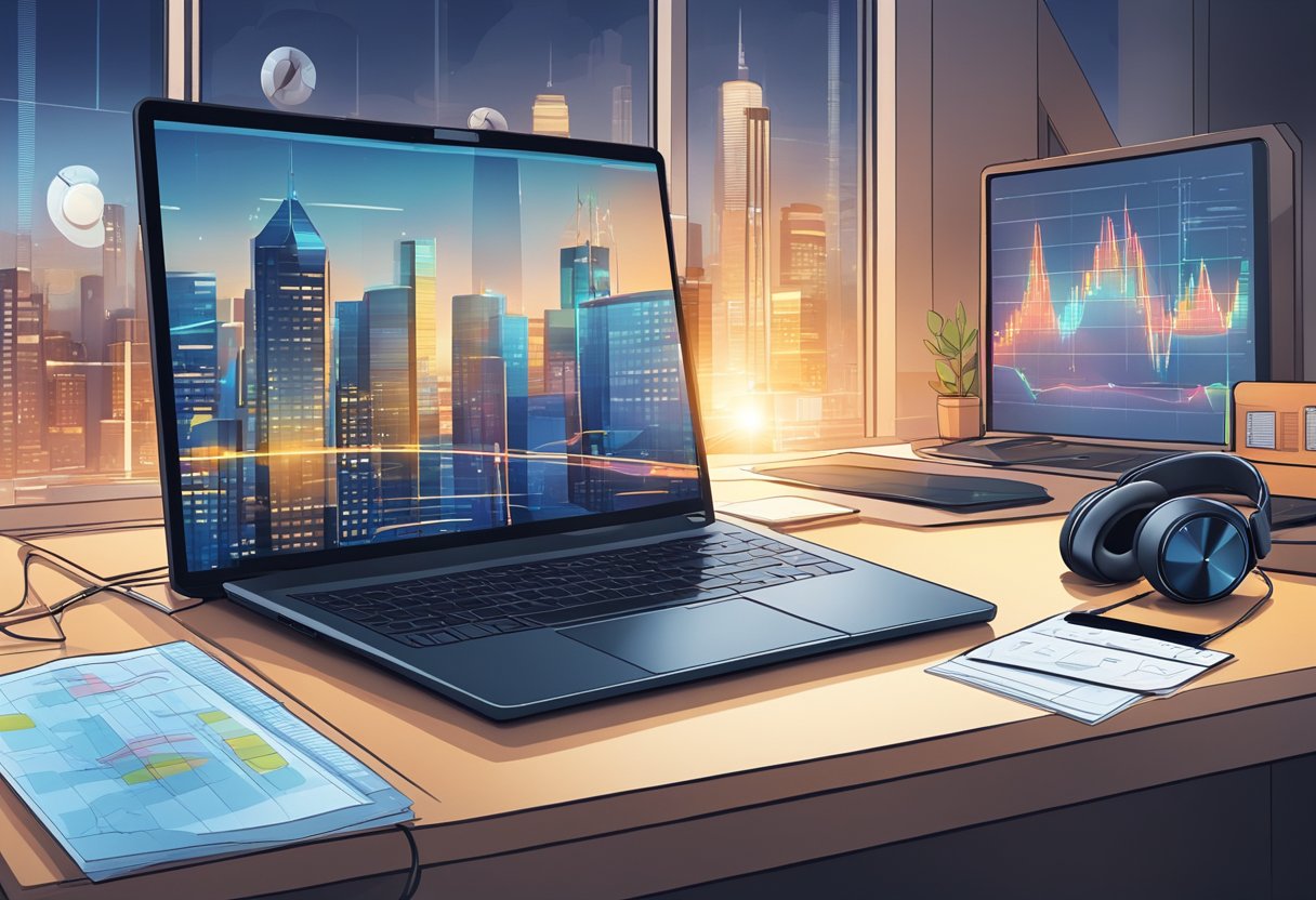 A laptop with a headset on a desk, surrounded by charts and graphs. A phone with a blinking light sits nearby. A window shows a city skyline