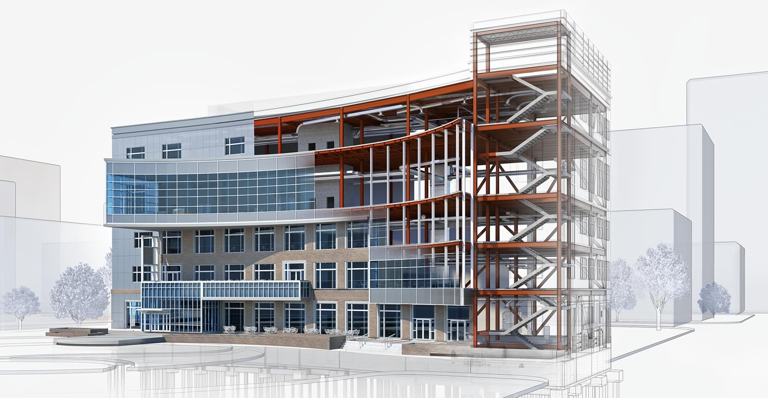 3D view of a building and its structural components in Revit