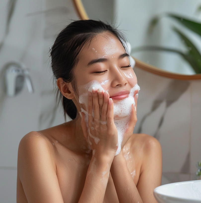 Young Asian woman washing her face with soapy lather, eyes closed, in a bathroom with green plants in the background.