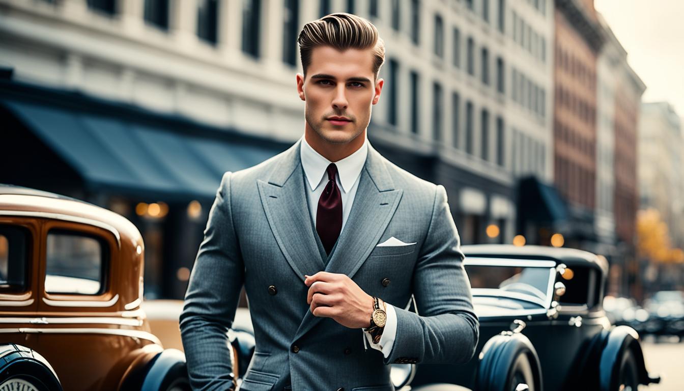Create an image of a confident young man dressed in dapper 1920s mens fashion, with a sleek suit jacket tailored to perfection and adorned with a simple pocket square. The man should wear slicked back hair, a gold watch, and carry a vintage leather briefcase. Place him in front of a classic car from the era, parked near a city street lined with tall buildings. The overall aesthetic should exude the sophistication and opulence of the iconic Gatsby style, capturing the essence of the roaring 20s.