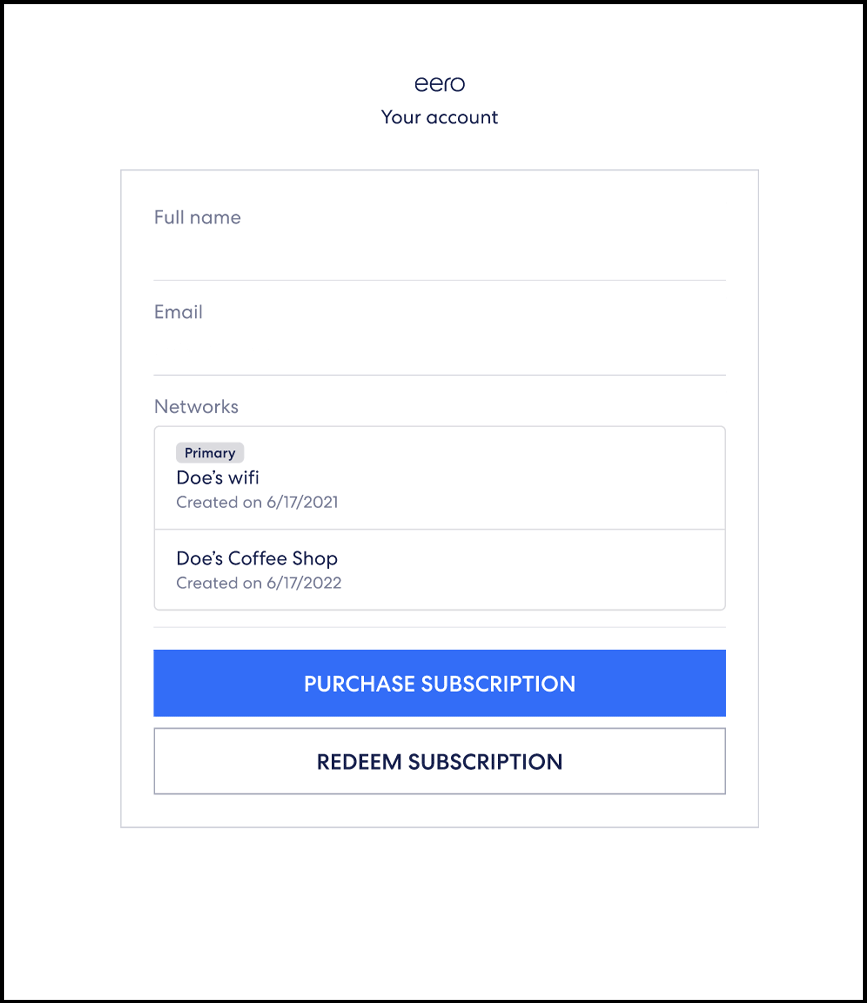 An animated GIF of the eero for Business sign up process. It starts after the login process and allows you to purchase a subscription or redeem a subscription. After selecting the Redeem option, it allows you to input your Software License Key. Next, you confirm the network you want to apply the subscription to, and finally, confirm your payment details for future renewals.