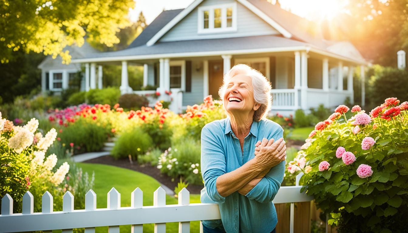 A garden with blooming flowers and a lush green lawn surrounded by a white picket fence. A person is embracing their home with open arms, eyes closed, and smiling with gratitude. The sun sets behind the house, casting a warm glow over everything. There is a feeling of peace and contentment as the person takes in the beauty around them and feels grateful for their home.