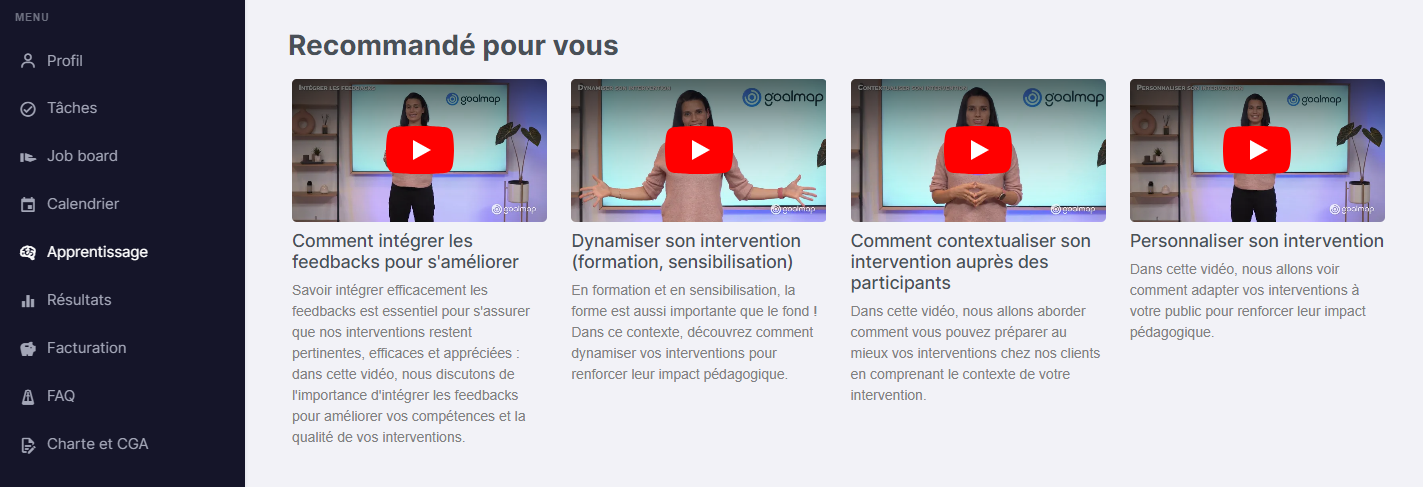 illustration des vidéos d'apprentissage sur l'espace intervenant Goalmap