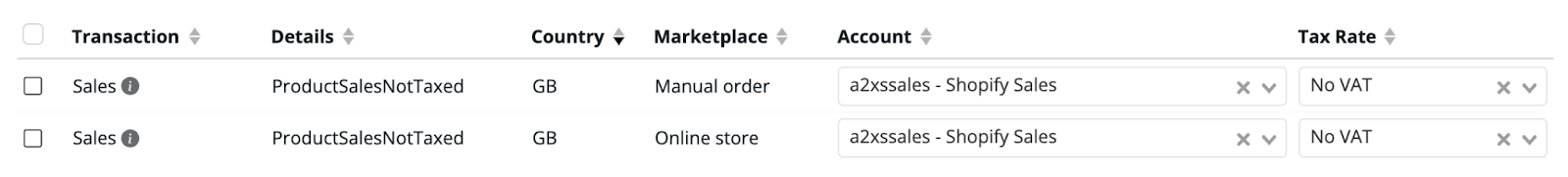 A screenshot of an example of how transactions will be mapped for a seller with no VAT registrations