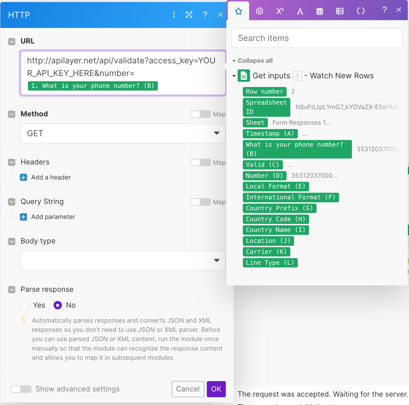 Interface snapshot showing an HTTP GET request setup for automated phone number verification, linking a Numverify API call to a Google Sheets column for data validation.