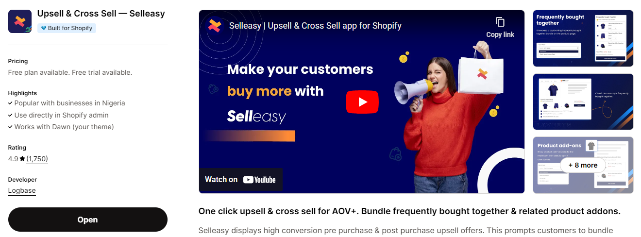 Selleasy, a cross-sell shopify app