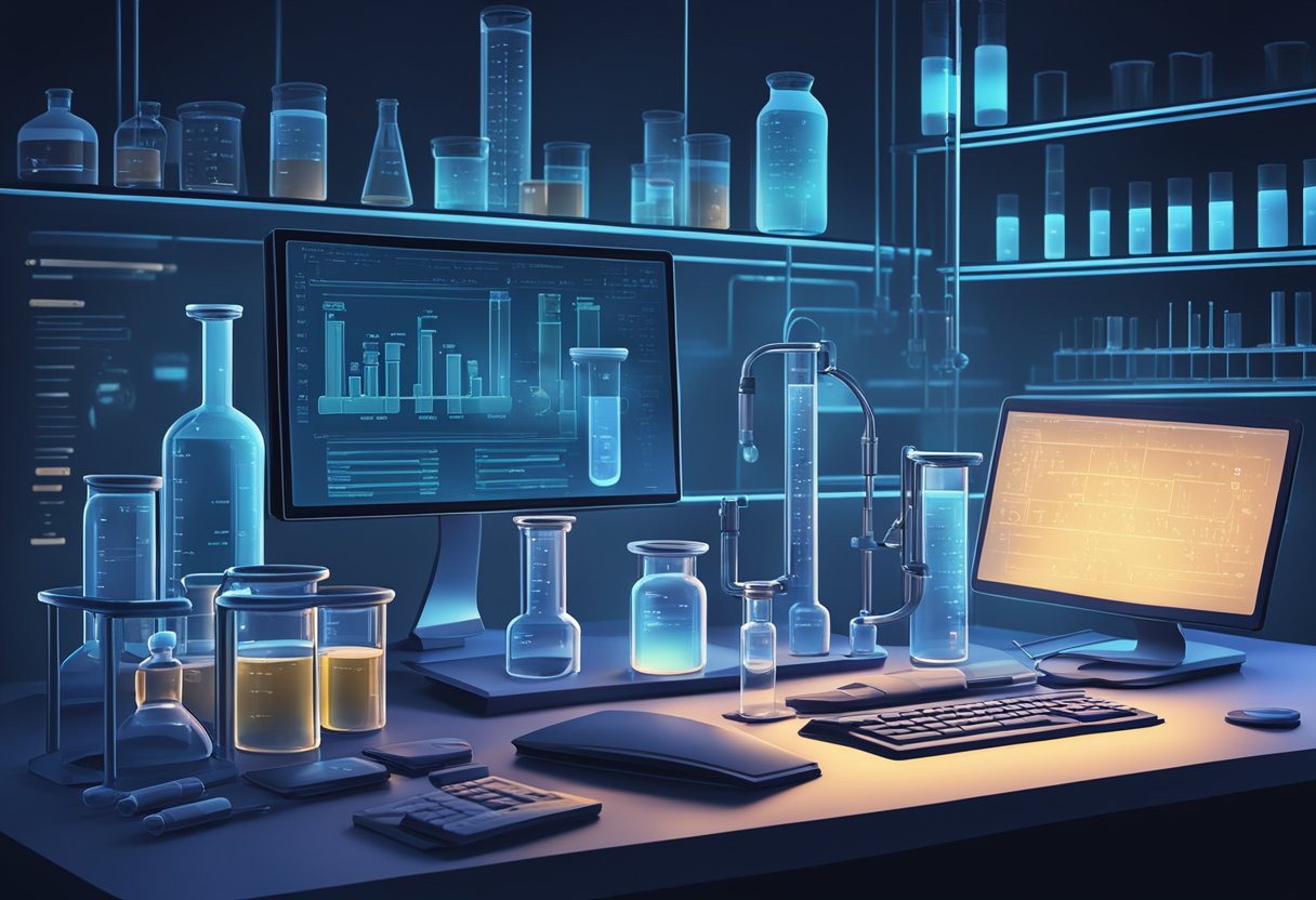 A dark, moody laboratory with beakers and test tubes, illuminated by a soft blue light, with the compound's chemical structure displayed on a computer screen