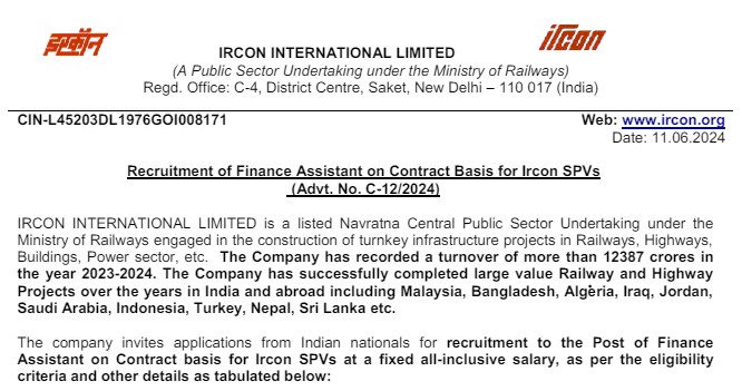 IRCON Finance Assistant Recruitment 2024 | इरकॉन वित्त सहायक भर्ती 2024