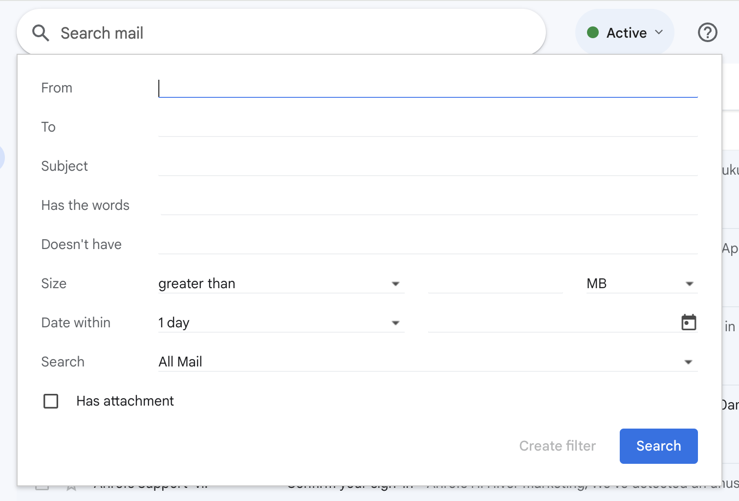 Gmail’s advanced search function