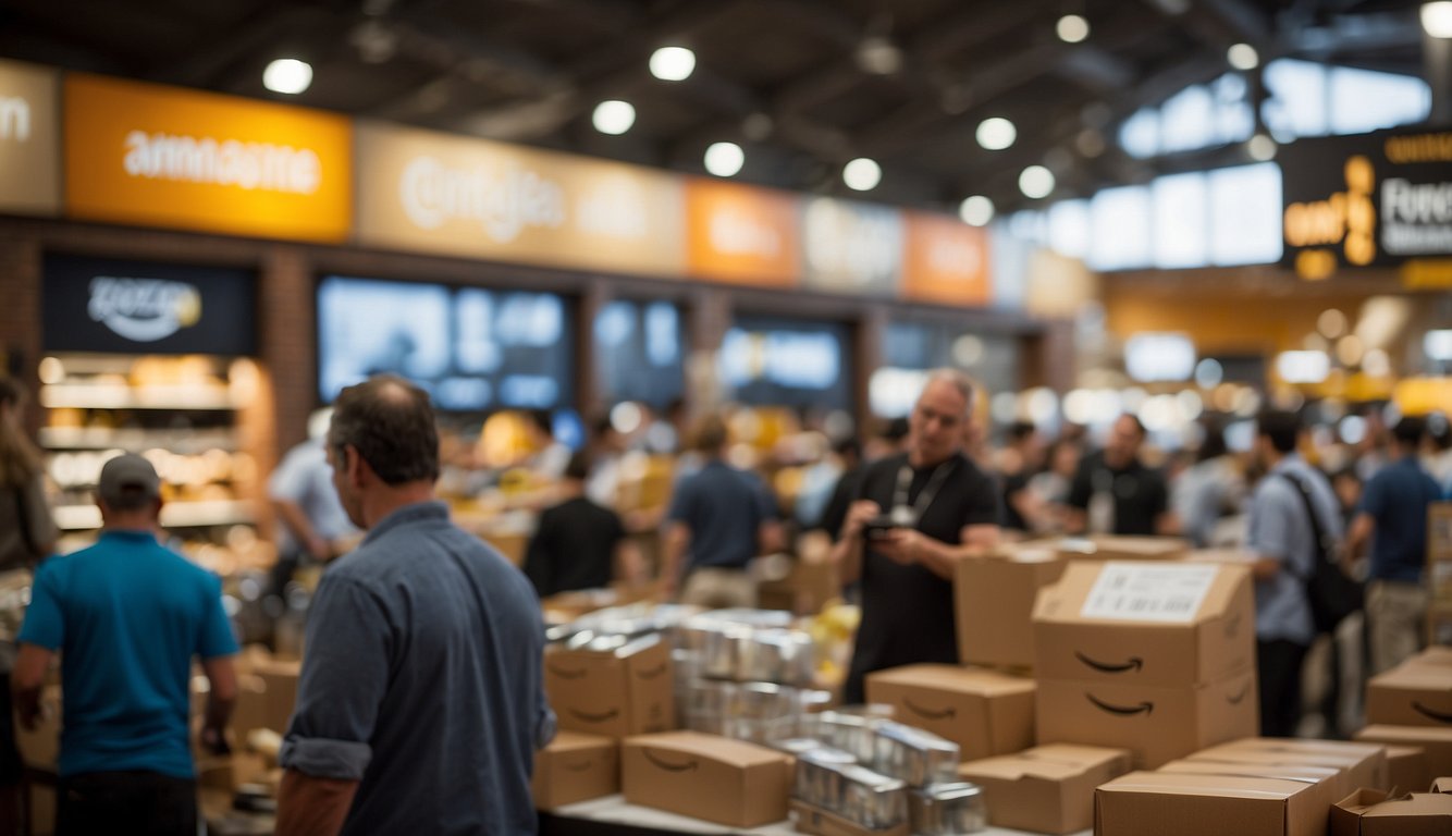 A bustling marketplace with Amazon's logo prominently displayed, showcasing various products with a mix of competition and opportunity