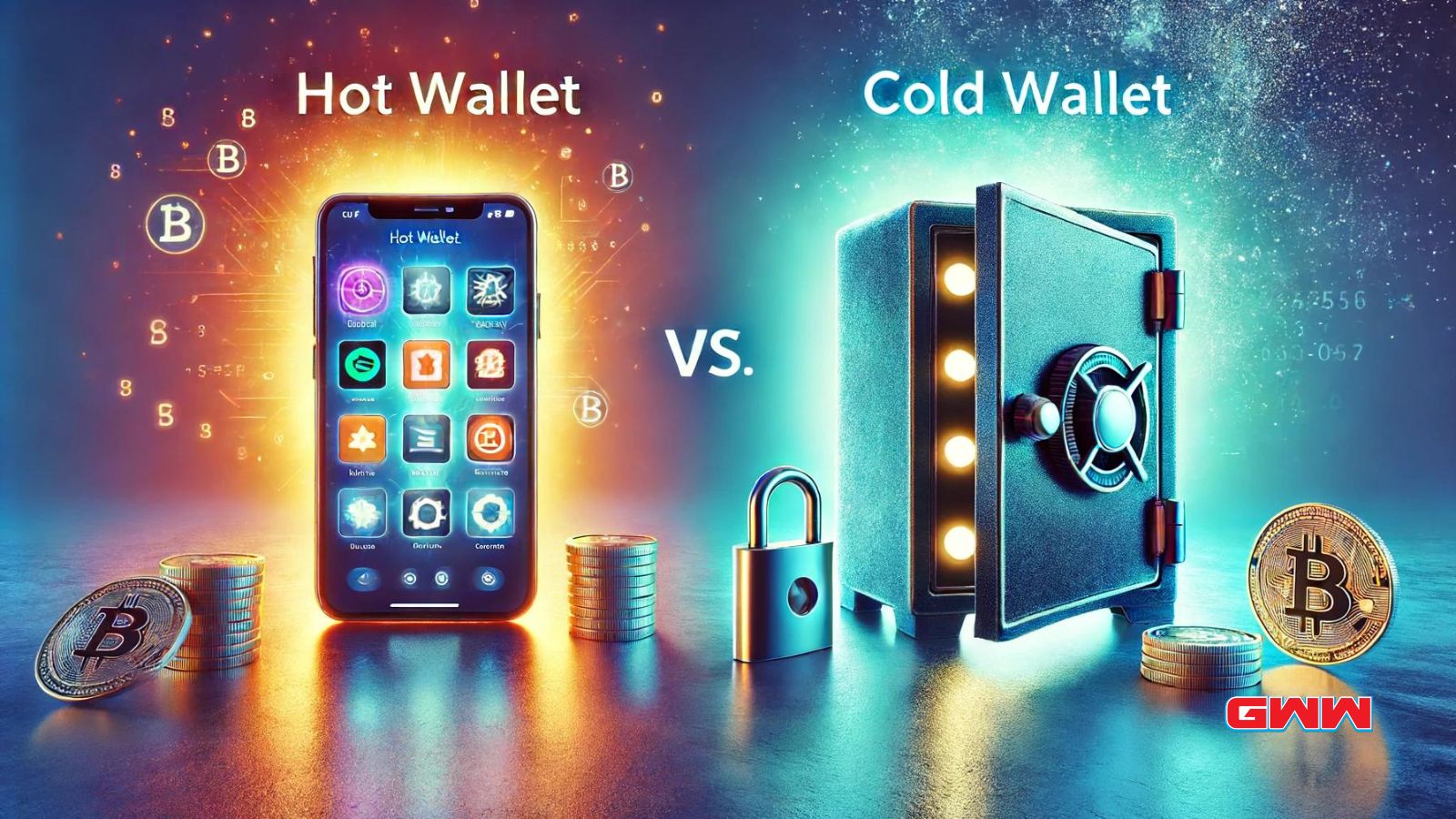 A scene depicting a comparison between a hot wallet and a cold wallet.