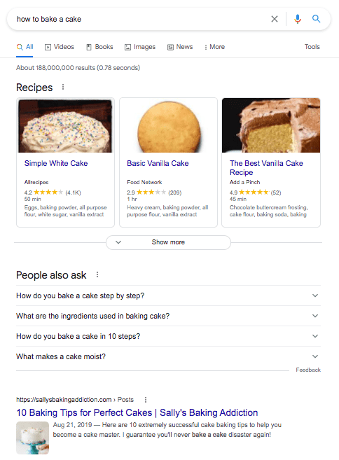 Non local intent search example 'how to bake a cake'.