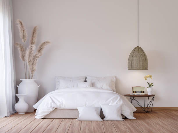 Mininal contemporary style bedroom 3d render Mininal contemporary style bedroom 3d render,There are wooden floor decorate with white fabric bed set and big white jar with dry reed flower. pretty bed stock pictures, royalty-free photos & images