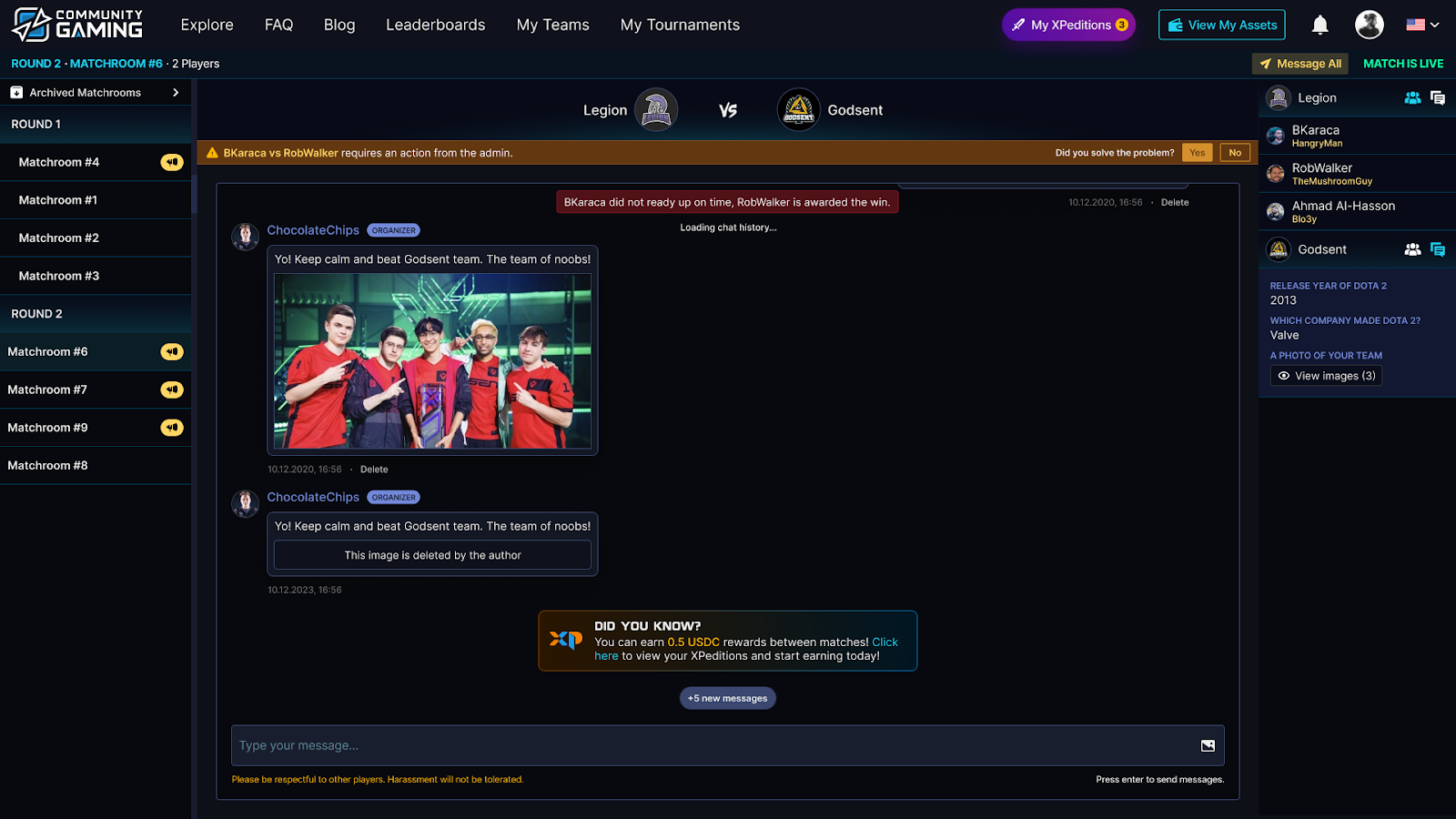 Each match generates a dedicated match room with the team which includes group chat and reporting modals. CG ensures accurate reporting through a double-check confirmation system, with admins able to be called into match rooms to review in-game screenshots and chat logs if necessary.