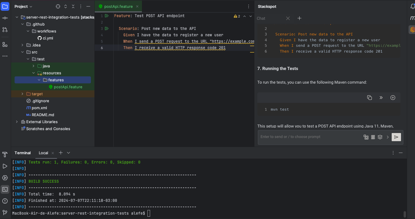 Image from the article on automated Rest API testing. IntelliJ IDE after running the tests. In the open photo, we have the IDE with the file "PostApiTest.feature" and a test scenario created "Post new data to the API" that we generated through StackSpot AI, added to the project, and ran successfully.