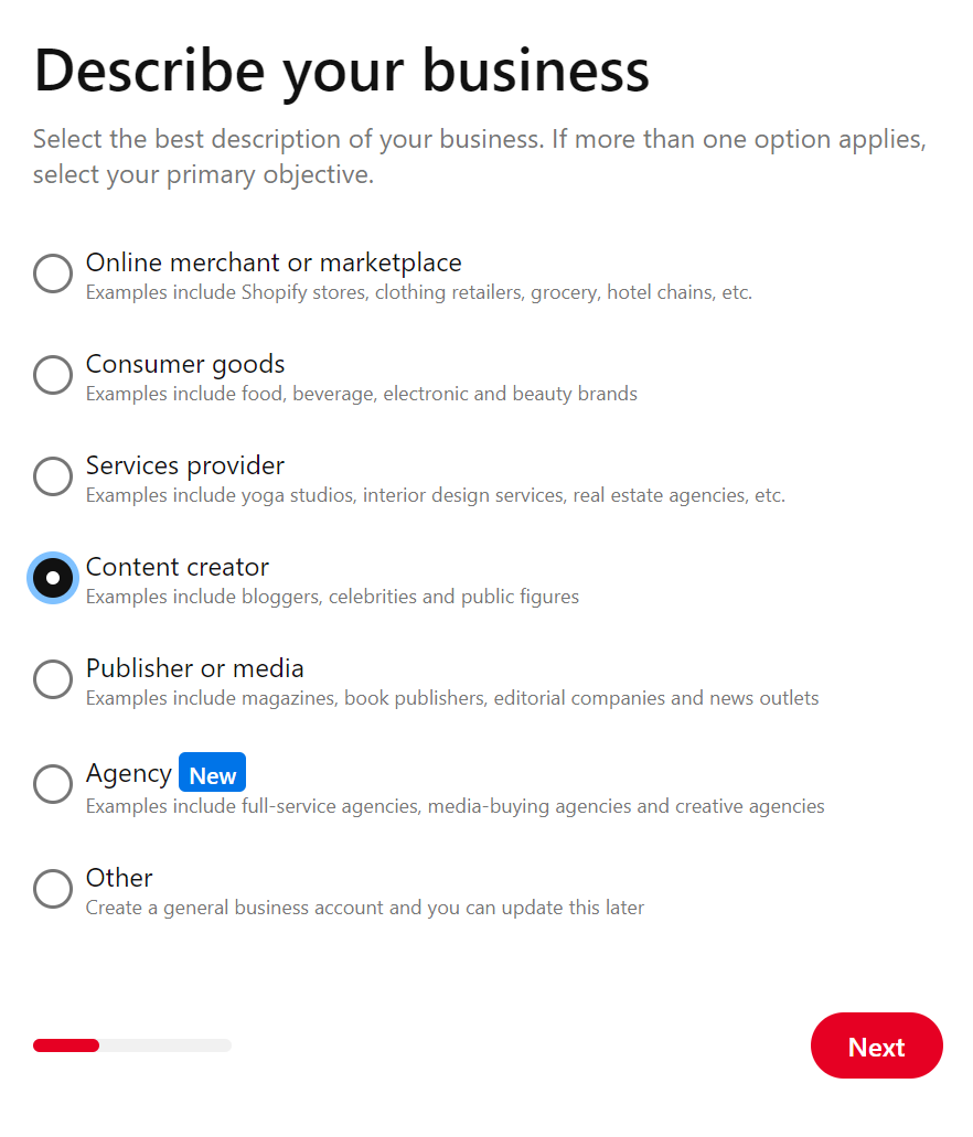 Describing you business when creating a Pinterest business account