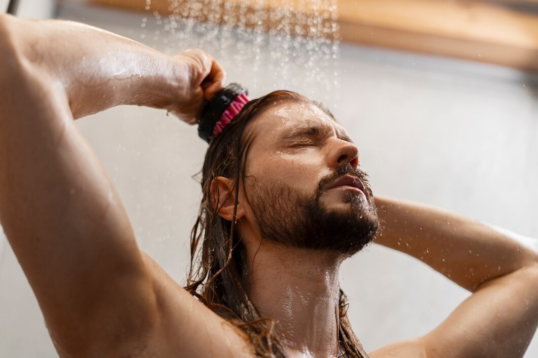 man taking hot shower